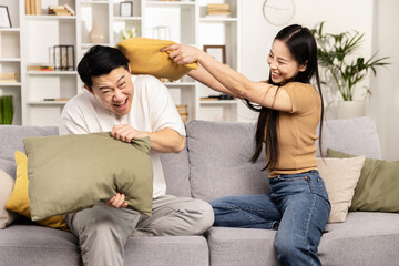 Couple Having Pillow Fight, Laughing Playfully In Living Room, Home Leisure, Happy Relationship, Fun Indoor Activity