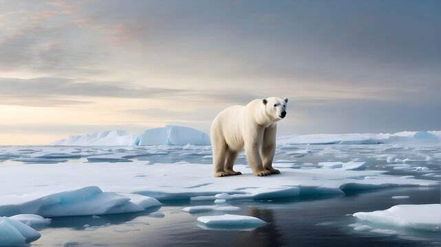 A solitary polar bear traversing the icy expanse of the Arctic