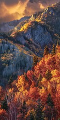 Sunset light on mountain, close up, autumn trees ablaze with color