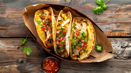 A plate with two thick corn tortillas stuffed with chicken and cheese. - obrazy, fototapety, plakaty