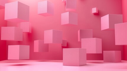 Floating pink geometric cubes in a vibrant abstract setup.