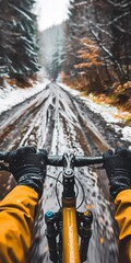 Cyclist's hands on handlebars, close up, rugged terrain, focus shift