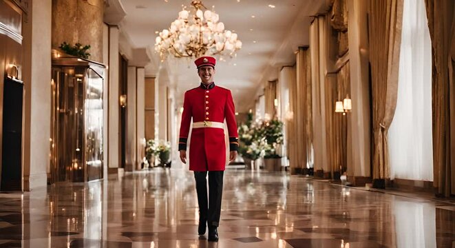 Elegant hotel bellboy man.