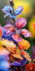 Native wildflowers, close up, vibrant colors, dew drops