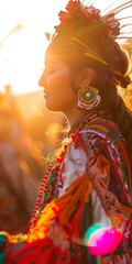 Folk dancer in traditional attire, close up, vibrant festival, sunset 