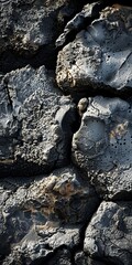 Volcanic rock formation, close up, side lighting, stark shadows 