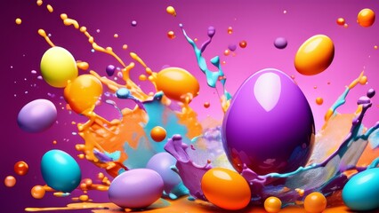Colorful easter egg with splashes of paint on a purple background