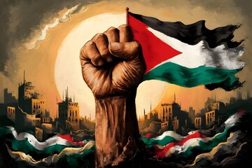 Resistance hand with Palestine flag illustration, symbolizing resistance adorned with the Palestinian flag. capturing the spirit of resilience and strength in the face of adversity