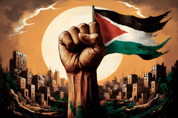 Resistance hand with Palestine flag illustration, symbolizing resistance adorned with the Palestinian flag. capturing the spirit of resilience and strength in the face of adversity