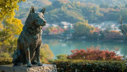 Monument to the Shiba Inu dog in the park. A dog statue to commemorate friendship.