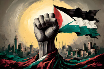Resistance hand with Palestine flag illustration, symbolizing resistance adorned with the Palestinian flag. capturing the spirit of resilience and strength in the face of adversity