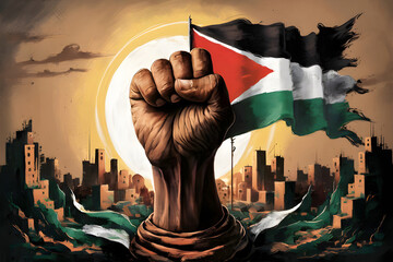 Resistance hand with Palestine flag illustration, symbolizing resistance adorned with the Palestinian flag. capturing the spirit of resilience and strength in the face of adversity
