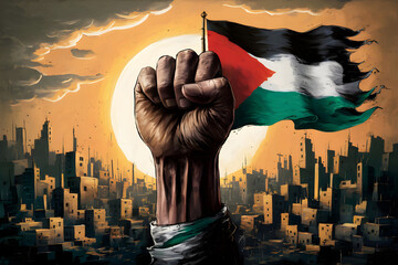 Resistance hand with Palestine flag illustration, symbolizing resistance adorned with the Palestinian flag. capturing the spirit of resilience and strength in the face of adversity