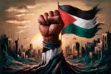 Resistance hand with Palestine flag illustration, symbolizing resistance adorned with the Palestinian flag. capturing the spirit of resilience and strength in the face of adversity