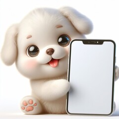 a cute puppy holding a big white blank screen smartphone mockup, funny, happy, smile, simple, white background