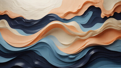 Dynamic horizontal abstract wave background showcasing navy blue, peach, and sky blue colors, ideal for adding visual interest to designs. - obrazy, fototapety, plakaty