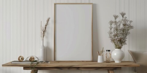 Mock up frame in home interior background, white room with natural wooden furniture, 3d render, 3d illustration