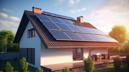 Modern house with solar panels system in the roof. Renewable energy, alternative energy and ecology concept. - obrazy, fototapety, plakaty