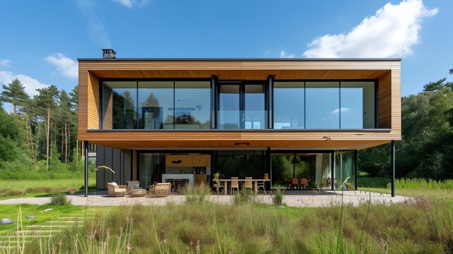 maison d'architecte en bois, moderne et spacieuse, projet contemporain, perspective, ia g&eacute;n&eacute;rative