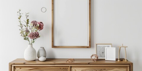 Mock up frame in home interior background, white room with natural wooden furniture, 3d render, 3d illustration