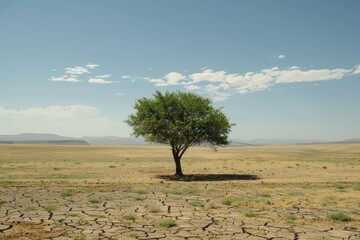 Lone Green Tree on Cracked Dry Earth.  - Powered by Adobe