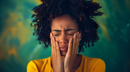 A woman with curly hair is crying and holding her face. She is wearing a yellow shirt. Scene is sad and emotional. learn how to calm your anxious mind - obrazy, fototapety, plakaty