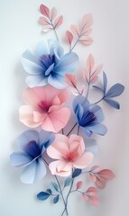 Fototapeta premium Tender blue and pink floral flowers on white background for Women's day celebration or artistic spring representation for DIY concept