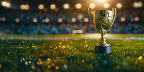 Soccer cup trophy standing proudly on field with stadium in the distance