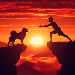 Majestic silhouetted figures of a person and dog reaching out against a vibrant sunset, symbolizing an inspiring connection