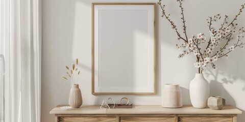 Fototapeta na wymiar Mock up frame in home interior background, white room with natural wooden furniture, 3d render, 3d illustration
