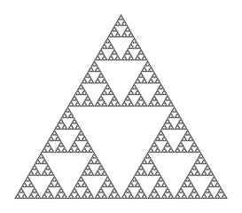 Sierpinski triangle, a plane fractal, seventh iteration step. Starting with a triangle, subdivided into four smaller triangles, removing the central one. Repeating step two with each smaller triangle.