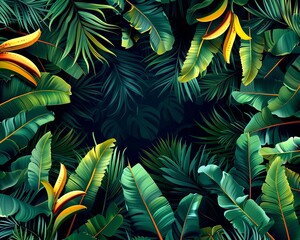 Fototapeta na wymiar Digital artwork of dense tropical foliage with a variety of green leaves, perfect for a bold and natural-themed background.