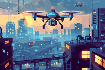 Futuristic autonomous delivery drones flying over modern cityscape with automated warehouses