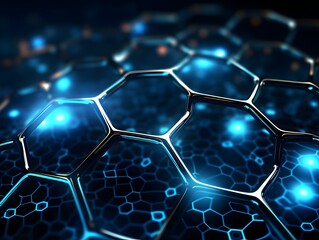 Futuristic Graphene Molecular Structures in Glowing Blue Nanotechnology Background