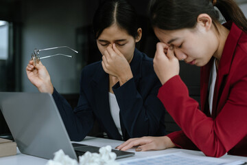 Businesswoman eyestrain fatigued from computer work, stressed women suffer from headache bad vision...
