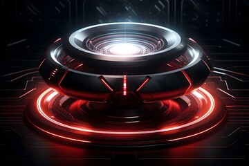 Futuristic High-Tech Device Radiating Intense Red Laser Beam on Intricate Circular Podium Display