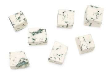 cut of blue cheese isolated on white background. macro. clipping path. top view