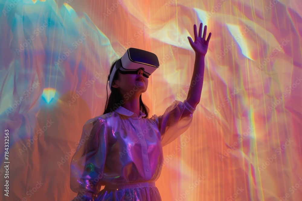 Poster a vibrant depiction of a woman exploring a virtual reality world, with a colorful abstract backgroun
