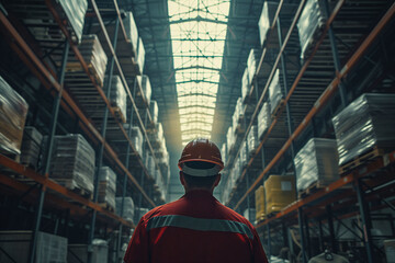 Busy warehouse workers in hard hats efficiently move inventory amidst towering shelves.