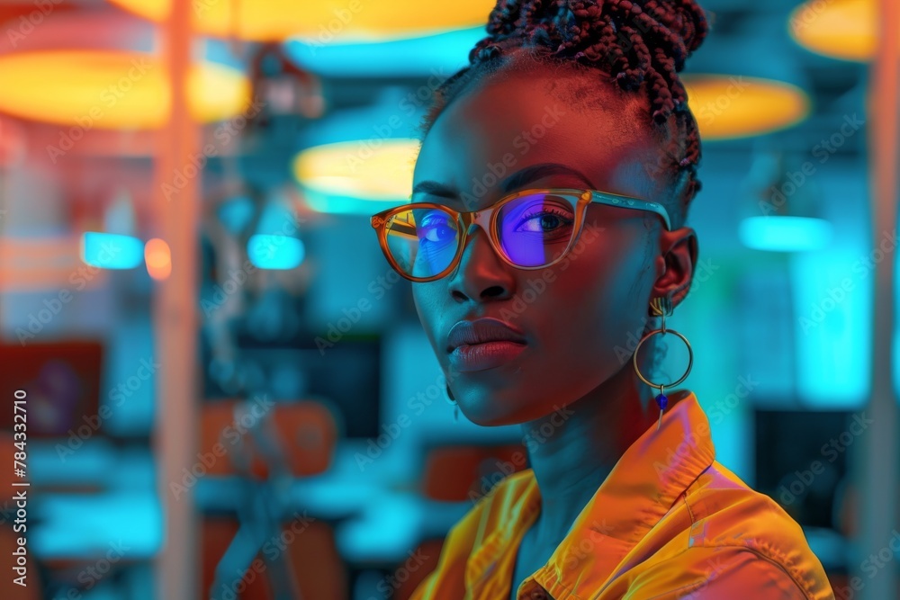 Fototapete An image of a modern woman engaged in a dynamic and colorful technological workspace, emphasizing innovation and connectivity