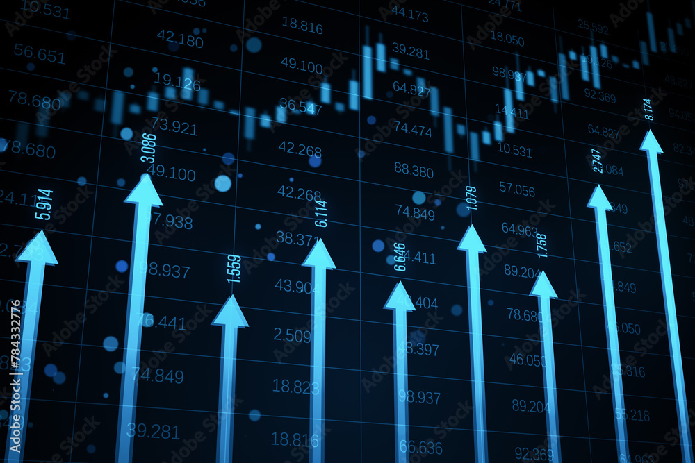 Poster growing blue vertical arrows and candlestick forex chart on dark index grid wallpaper. economic grow