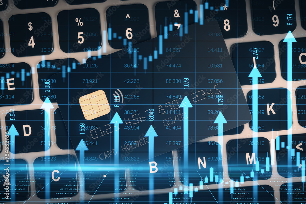 Poster close up of bank card on keyboard with growing blue vertical arrows and candlestick forex chart on b