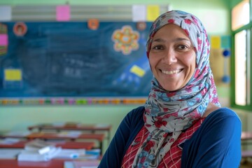 A genial female teacher with a headscarf offering a warm smile in a vibrant classroom environment - obrazy, fototapety, plakaty