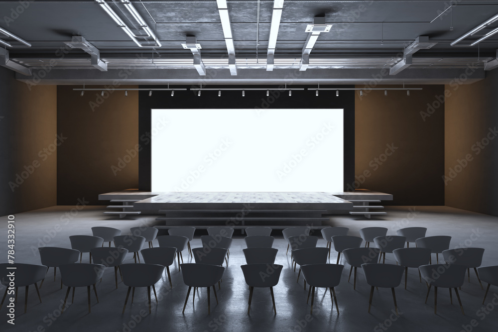 Poster Modern event hall with blank screen on stage and scattered seating arrangement. 3D Rendering