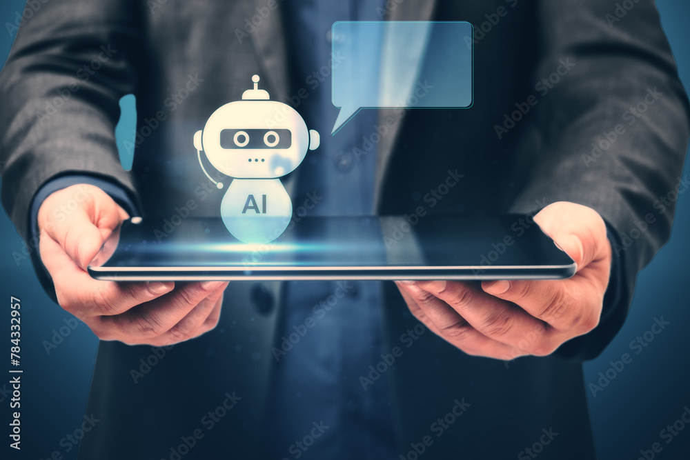 Poster close up of businessman hand holding tablet with creative ai robot hologram with speech bubble for y