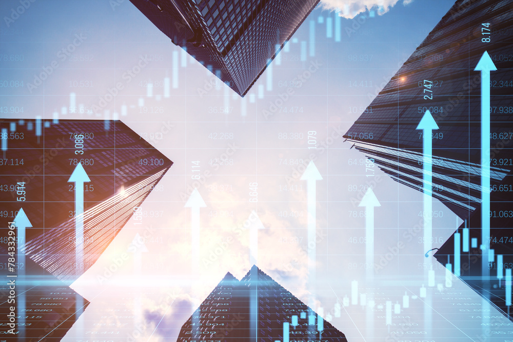 Poster abstract growing blue vertical arrows and candlestick forex chart on blurry city index grid backgrou