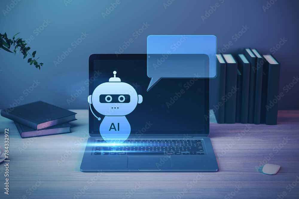 Poster Close up of laptop at desk with books and creative AI robot hologram with speech bubble for your text on blurry background. Chat GPT and customer support concept. 3D Rendering.