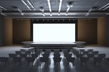 Modern event hall with blank screen on stage and scattered seating arrangement. 3D Rendering