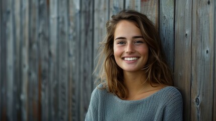 A young woman with a joyful smile poses casually against a weathered wooden backdrop, radiating warmth and happiness