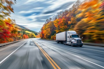 A semi-truck is captured in motion on a vibrant autumn road, showcasing the beauty of seasonal change and the dynamism of transportation